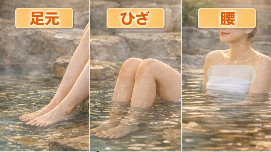 かけ湯は足元→ひざ→腰→胸元の順でかけましょう※画像はイメージです（AI生成）